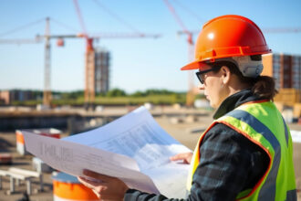 Maître d'œuvre supervisant un chantier de construction en plein déroulement