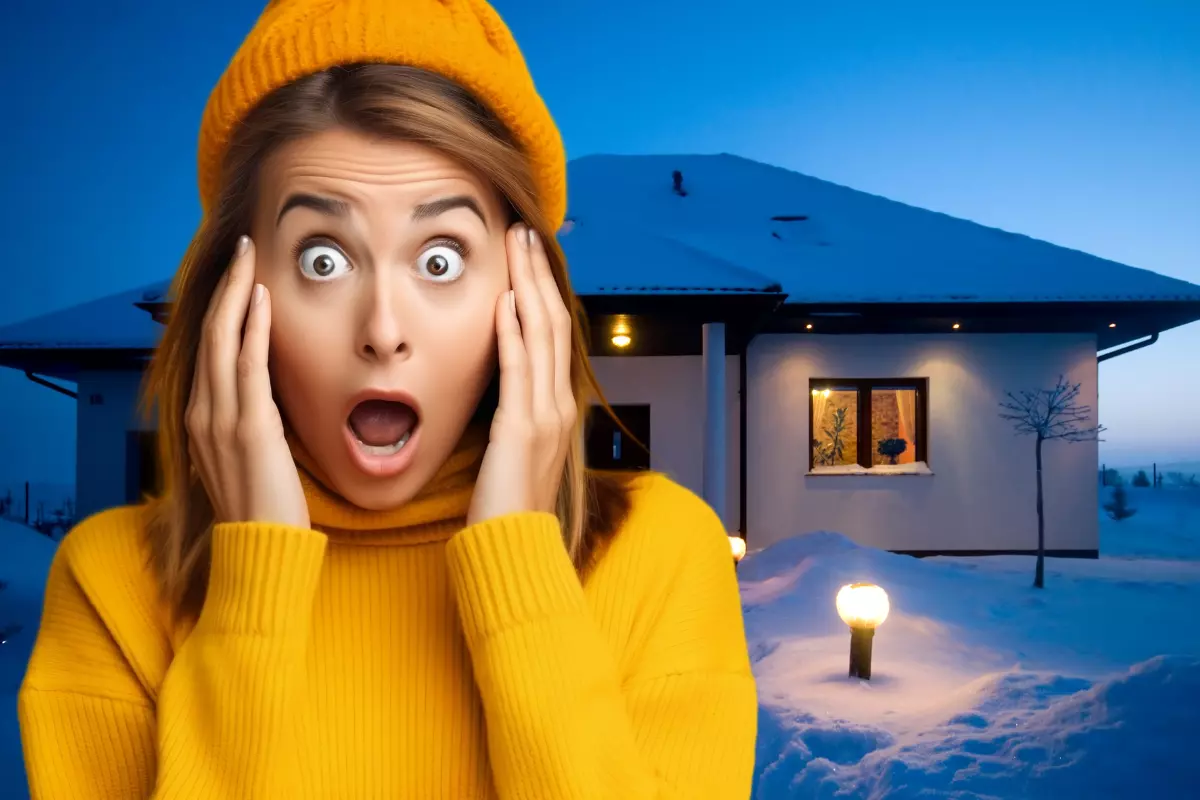 femme choquée devant une maison en hiver
