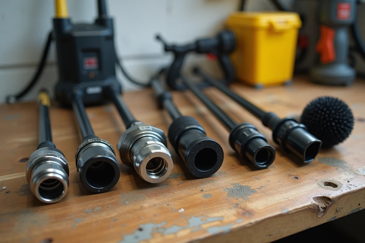 Accessoires et adaptateurs de nettoyeurs haute pression comparés sur un établi en bois pour vérification de compatibilité