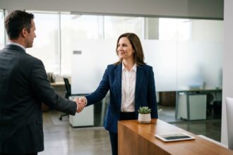 Réceptionniste professionnelle accueillant un visiteur dans un hall d'entrée moderne et soigné