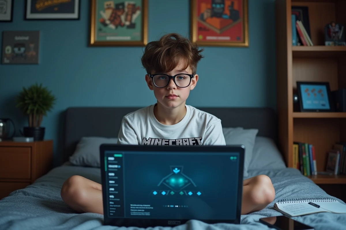 Adolescent gérant les points de spawn d'un serveur Minecraft multijoueur sur son ordinateur portable dans sa chambre