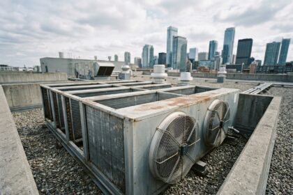 Aérocondenseur industriel installé sur le toit-terrasse d'un bâtiment tertiaire moderne avec skyline urbaine en arrière-plan