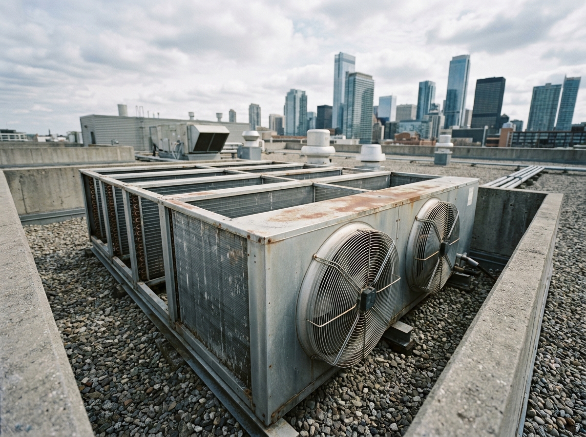 Aérocondenseur industriel installé sur le toit-terrasse d'un bâtiment tertiaire moderne avec skyline urbaine en arrière-plan