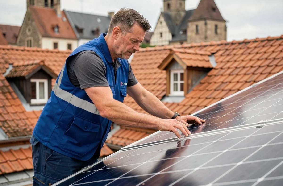 Technicien d'Aguisol installant un panneau photovoltaïque sur un toit résidentiel à Colmar dans le Haut-Rhin