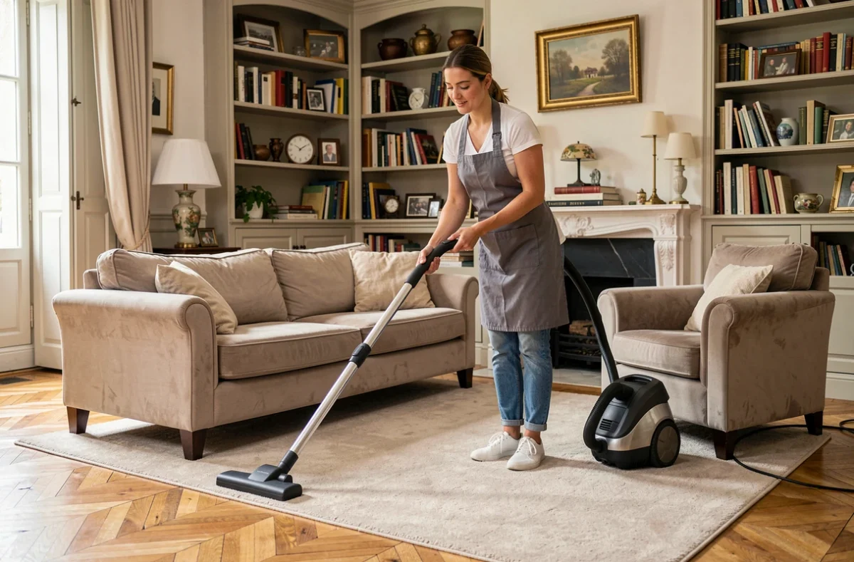 Aide ménagère passant l'aspirateur dans un salon d'une maison à Douai