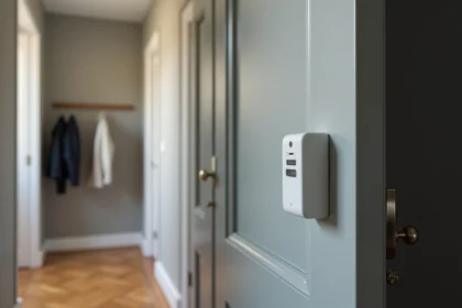 Clavier d'alarme Verisure installé à l'entrée d'un appartement en ville avec parquet et murs gris