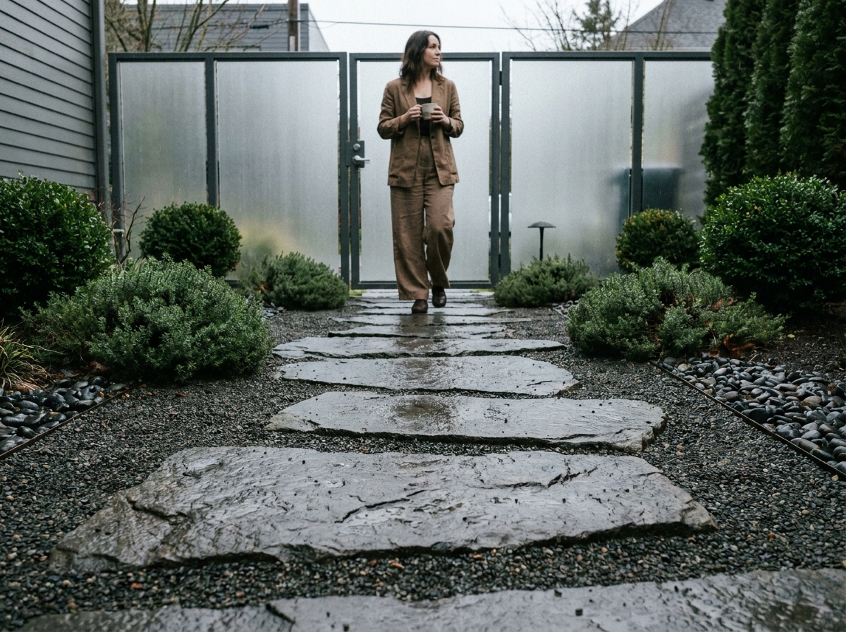 Allée de jardin contemporain en dalles de basalte et granit décomposé avec femme se promenant
