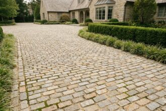 Allée de maison pavée en granit naturel gris et beige avec bordure végétale soignée