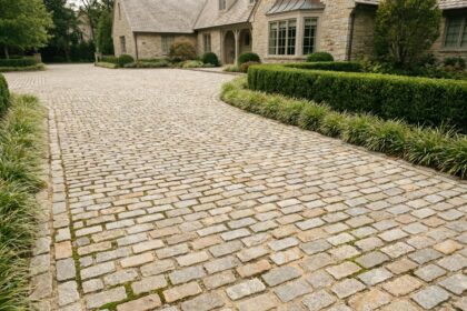 Allée de maison pavée en granit naturel gris et beige avec bordure végétale soignée