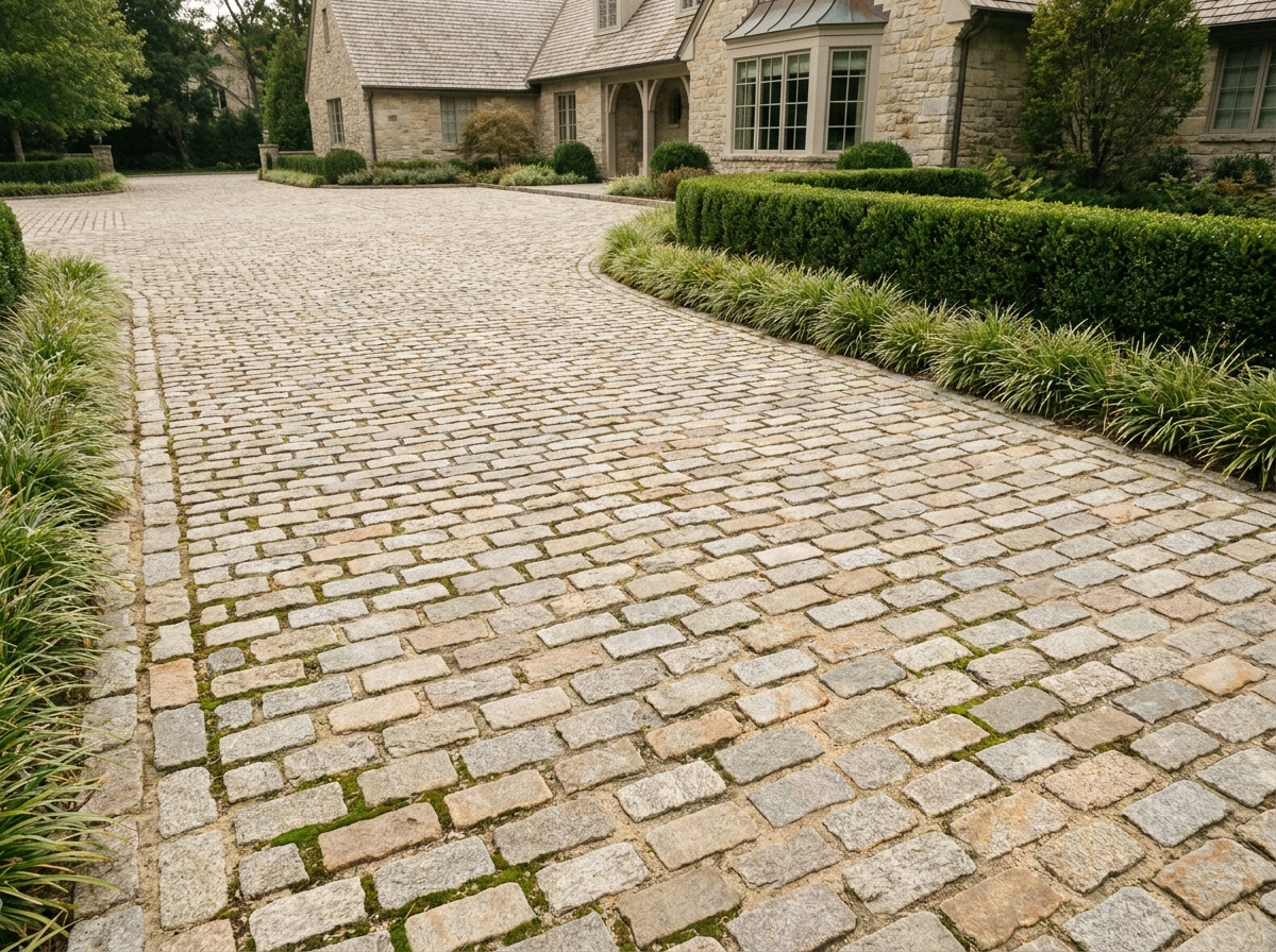 Allée de maison pavée en granit naturel gris et beige avec bordure végétale soignée