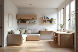 Studio parisien entièrement meublé avec des solutions d'optimisation de l'espace, montrant un coin salon, un bureau pliant et une zone repas dans une seule pièce lumineuse