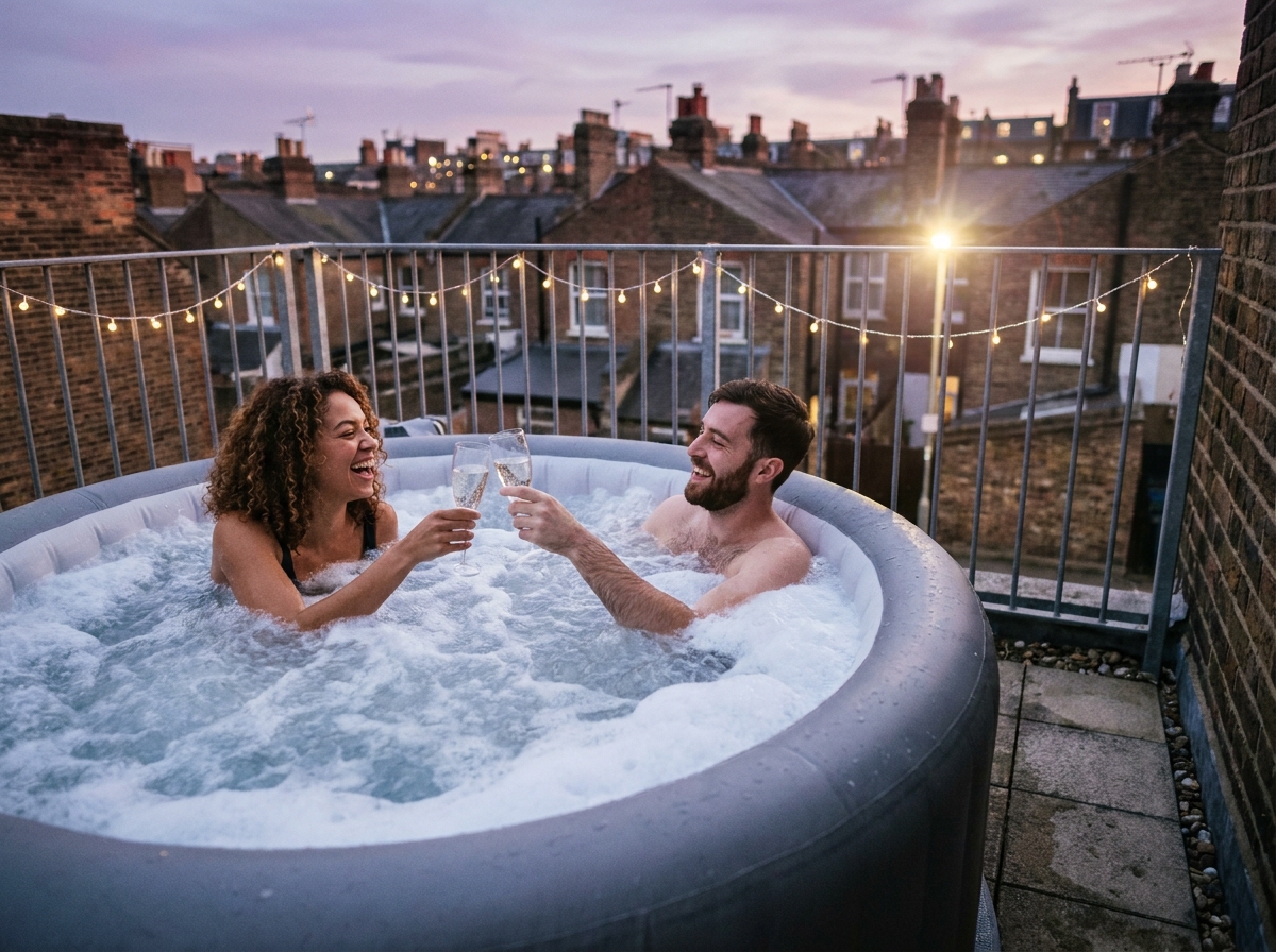 Deux amies profitant d'un spa gonflable sur un balcon urbain au coucher du soleil avec vue sur la ville