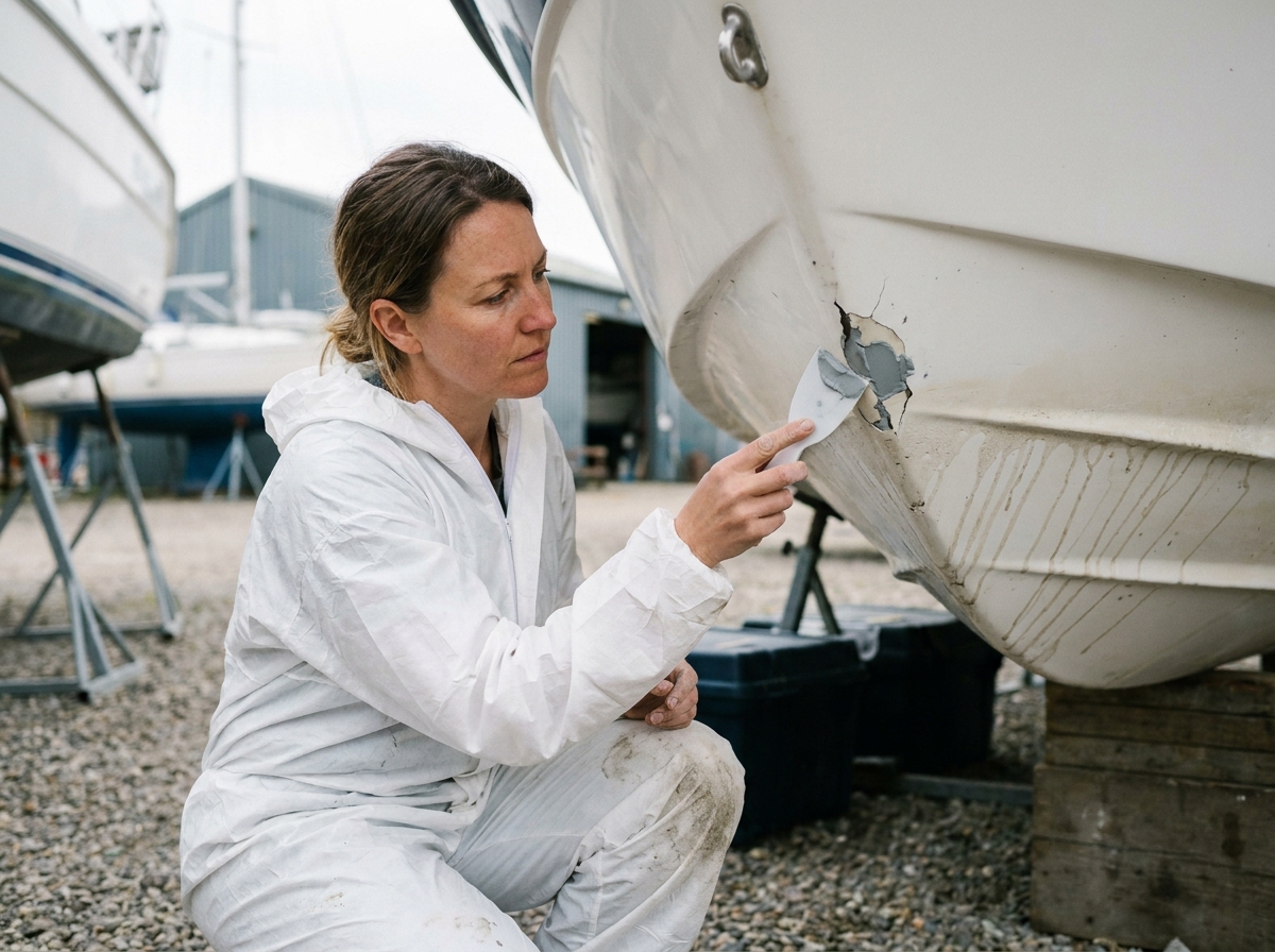Femme appliquant du gel coat sur un éclat de coque d'un bateau à moteur dans un chantier naval