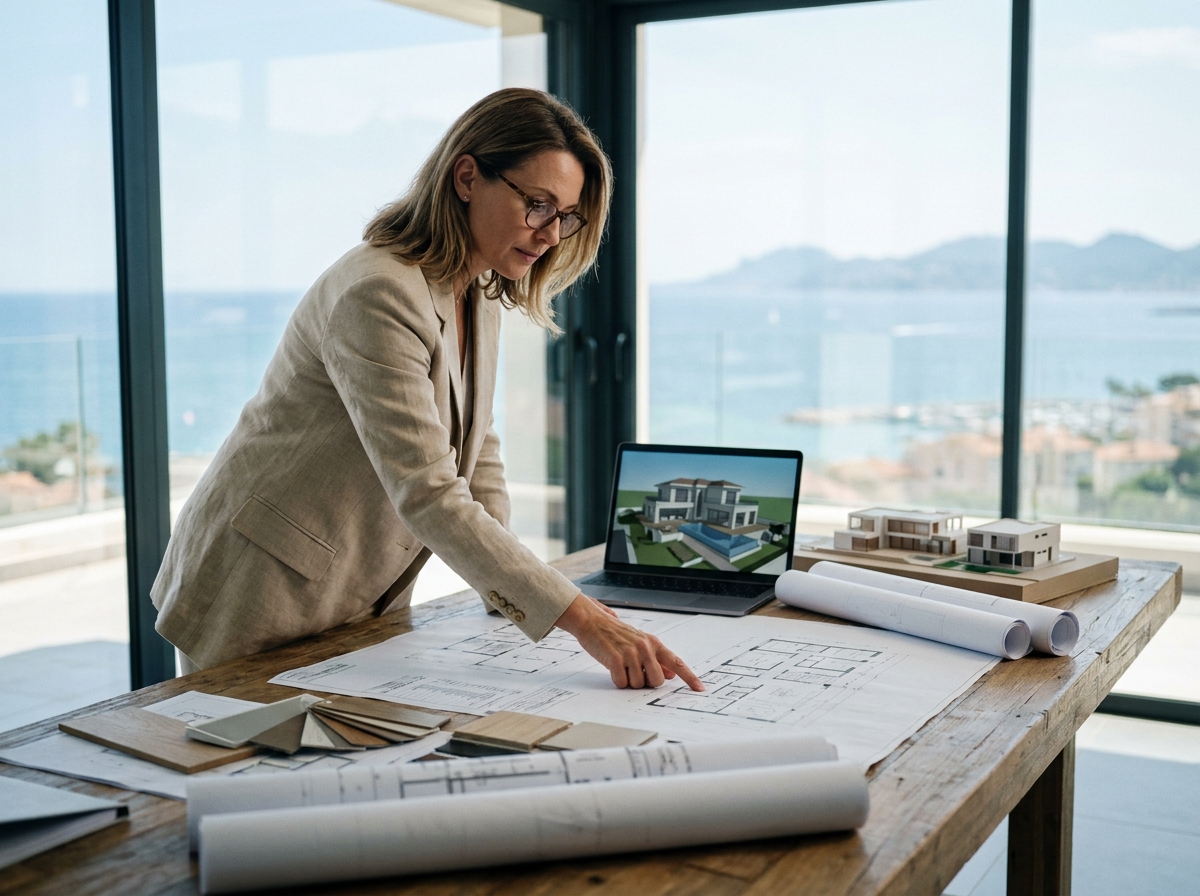 Architecte féminine étudiant des plans de construction neuve dans un bureau avec vue sur la côte de Cannes