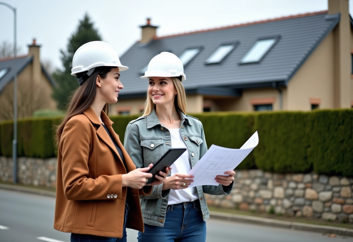 Deux architectes examinent un toit terminé avec plans et tablette