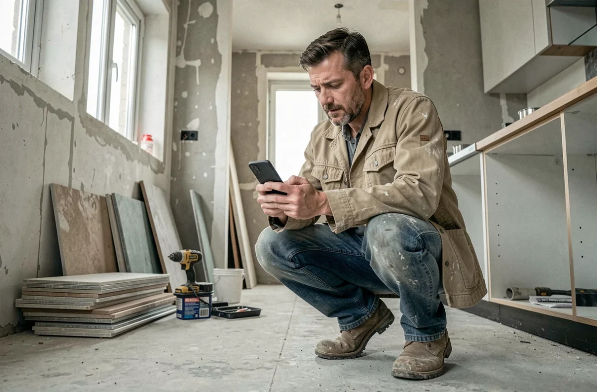 Artisan consultant son téléphone sur un chantier de rénovation de cuisine à Strasbourg, coordination via plateforme en ligne