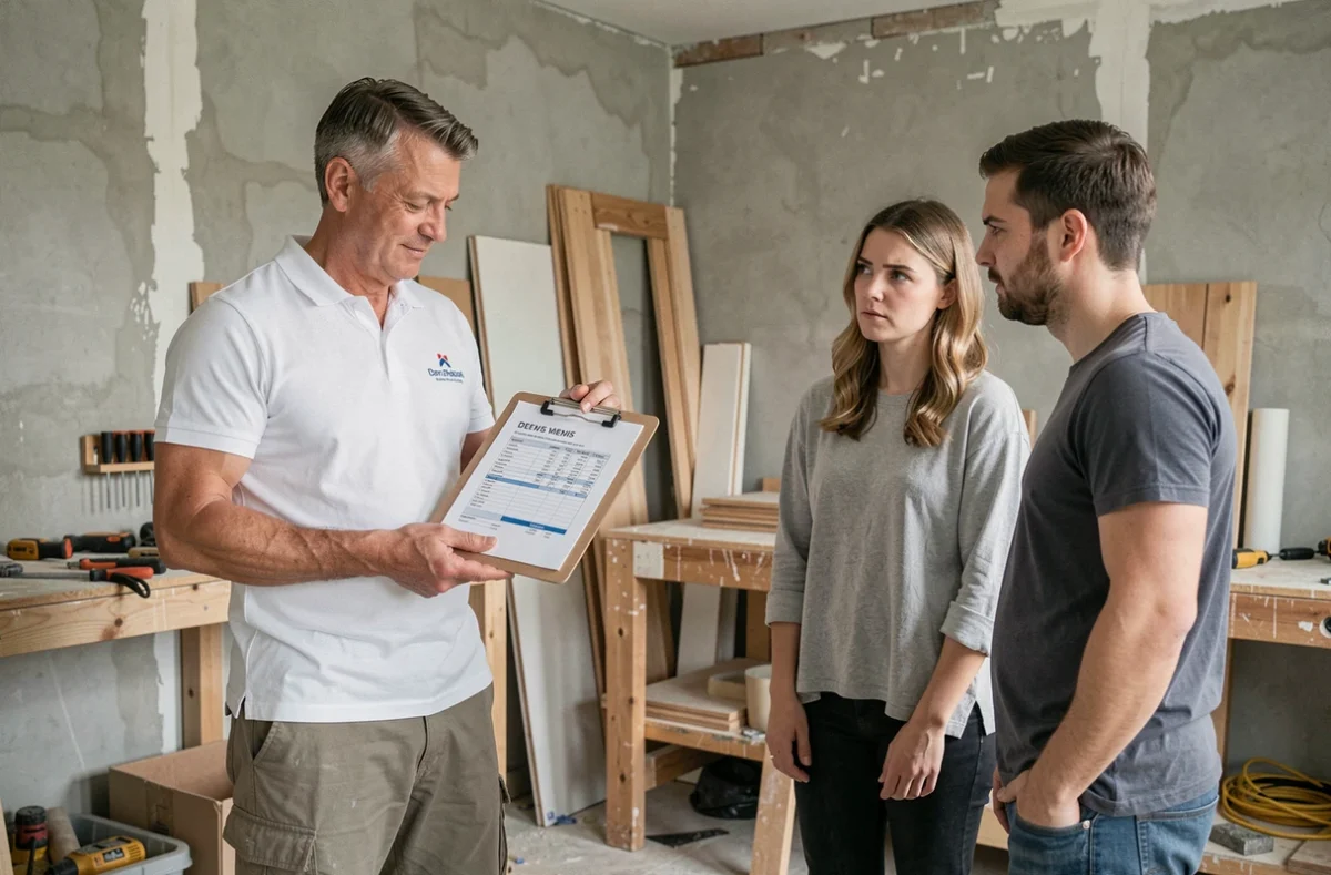 Artisan présentant un devis de rénovation cuisine à un couple de propriétaires