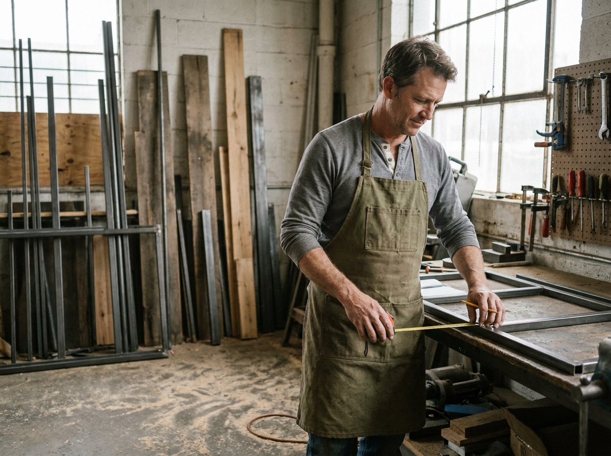 Artisan menuisier mesurant une structure métallique sur mesure dans un atelier industriel authentique