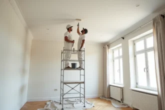 Artisan peintre professionnel appliquant de la peinture blanche sur un grand plafond de 50m2 avec un rouleau à long manche depuis un échafaudage