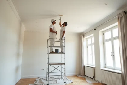 Artisan peintre professionnel appliquant de la peinture blanche sur un grand plafond de 50m2 avec un rouleau à long manche depuis un échafaudage