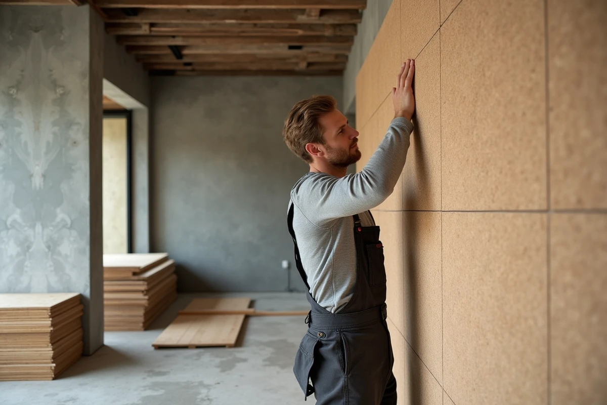 Artisan installant des panneaux de liège naturel dans un salon en rénovation avec des matériaux de construction écologiques