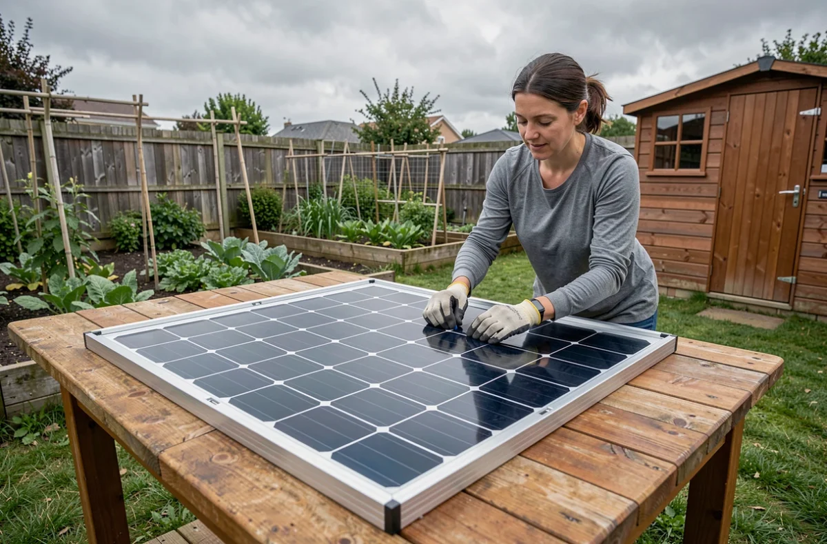 Femme disposant des cellules solaires dans un cadre en aluminium lors de la fabrication d'un panneau solaire fait maison en extérieur