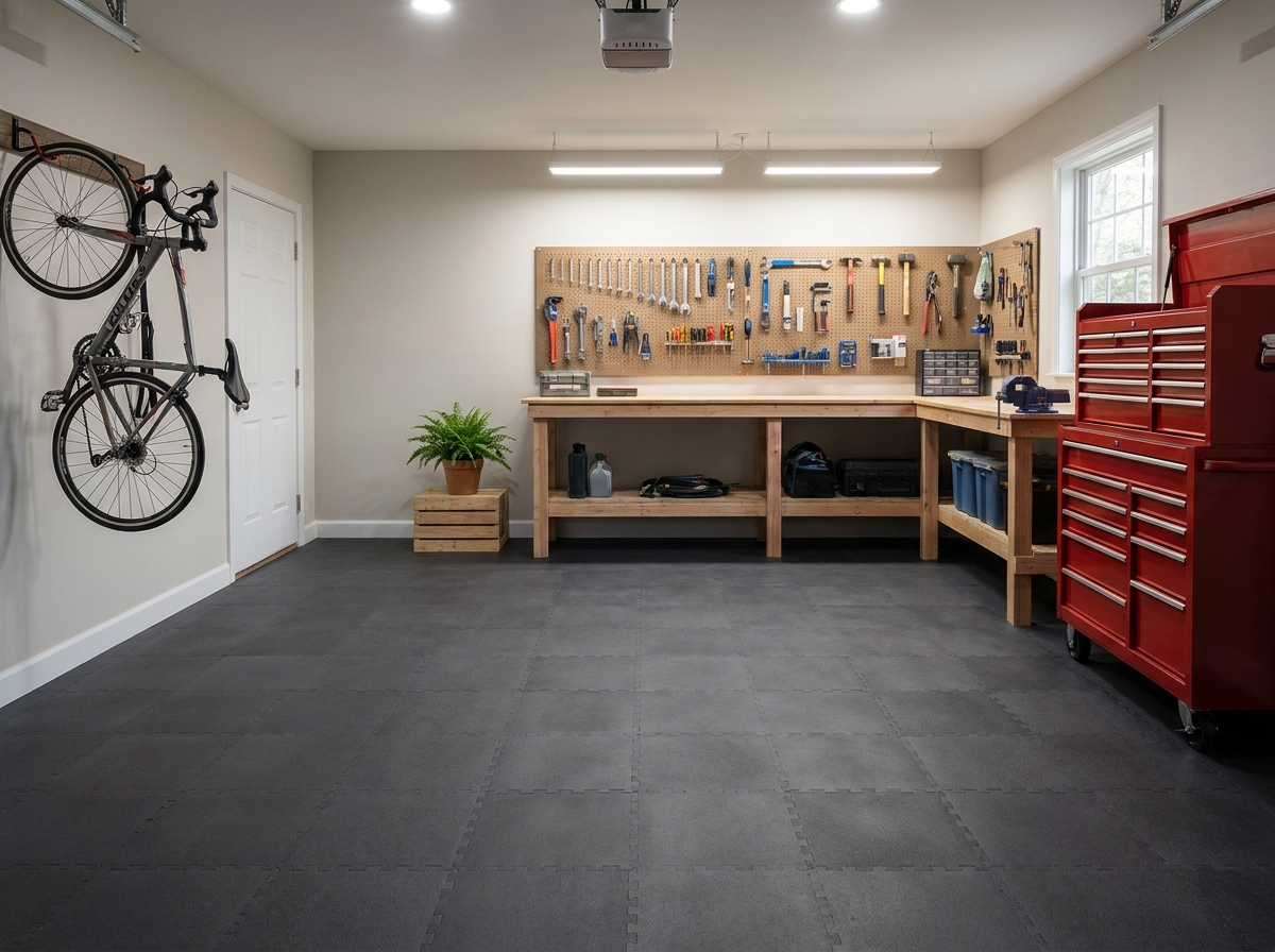 Atelier garage aménagé avec des dalles de sol clipsables graphite et un établi en bois bien organisé