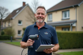 Auditeur énergétique professionnel devant une maison individuelle pour une évaluation énergétique résidentielle