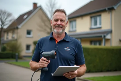 Auditeur énergétique professionnel devant une maison individuelle pour une évaluation énergétique résidentielle