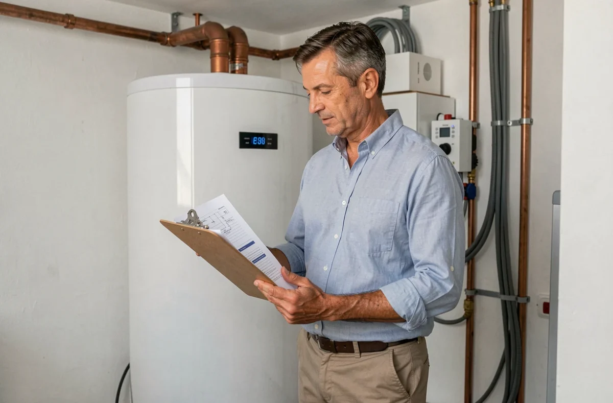 Conseiller en énergie d'Azur Energie Conseil examinant les documents techniques lors d'une installation de pompe à chaleur dans un appartement marseillais