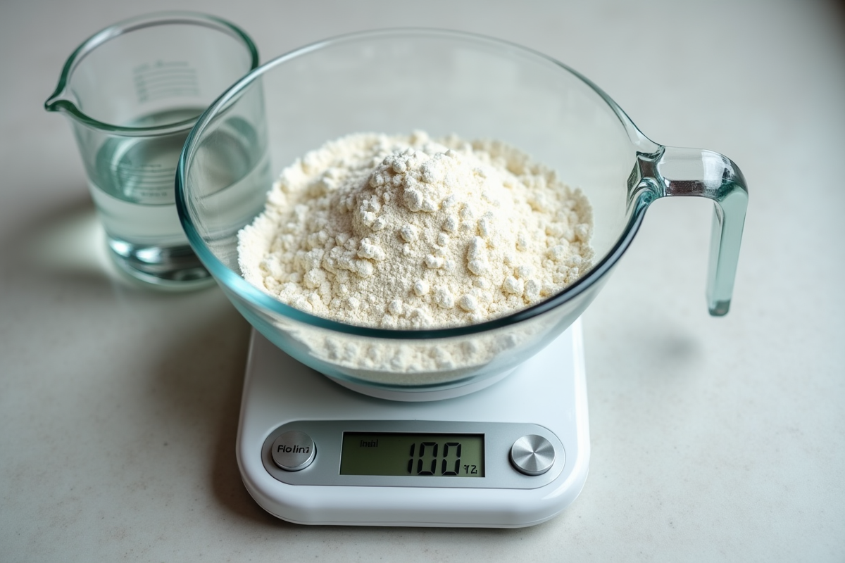 Balance de cuisine avec bol de farine et verre d