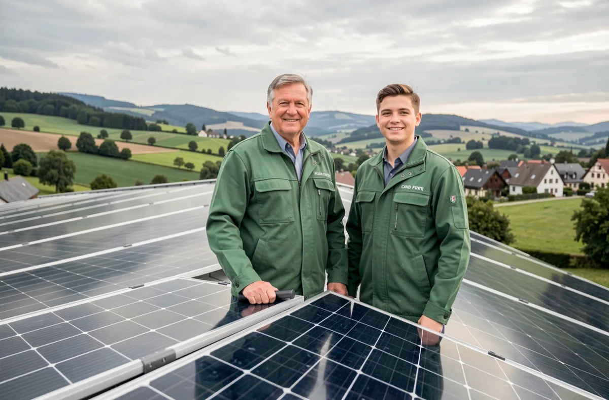 Duo père et fils de l'entreprise familiale Bass Albert et Fils devant une installation de panneaux solaires réalisée dans le Haut-Rhin
