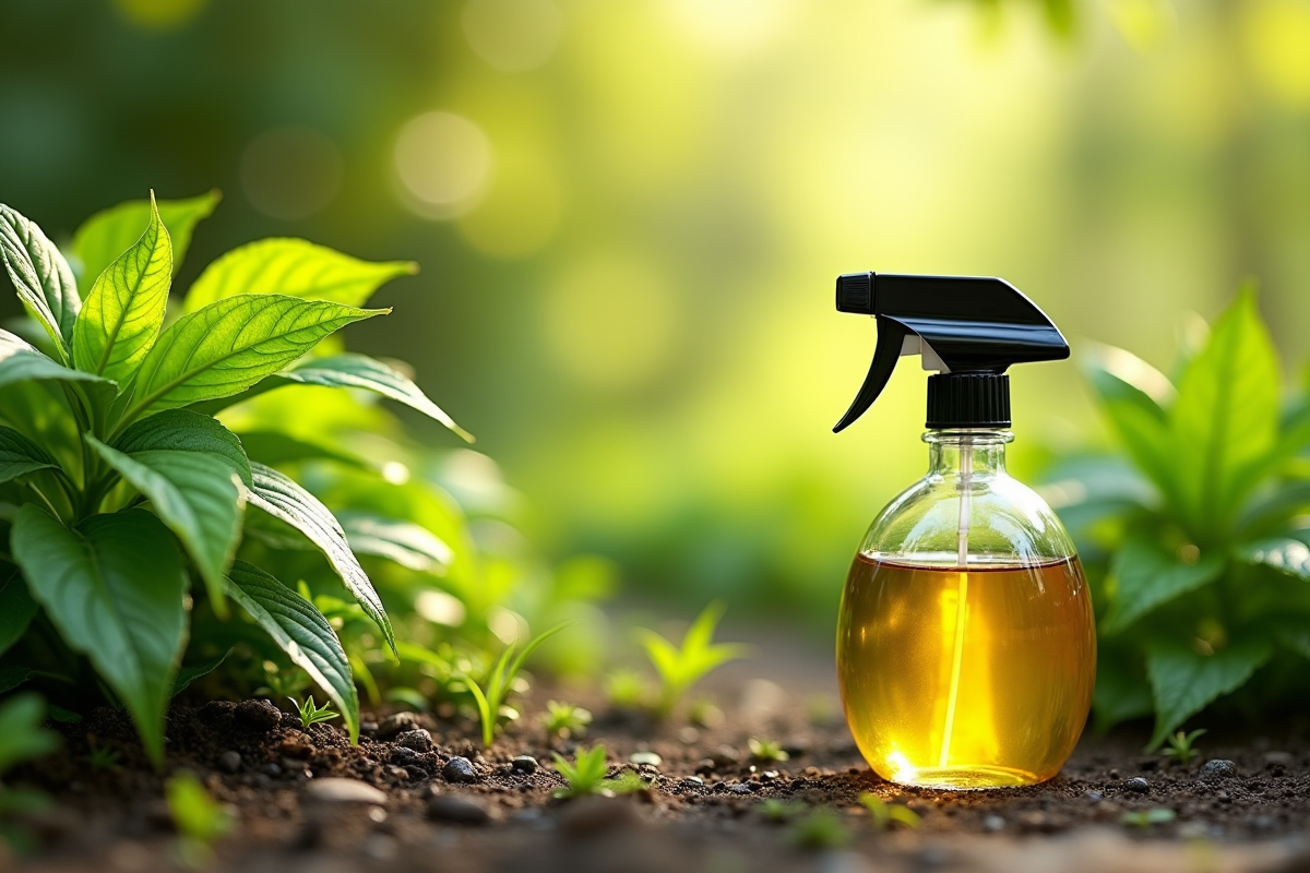 Bouteille de vinaigre sur le sol avec plantes et mauvaises herbes