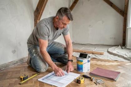 Bricoleur consultant un budget travaux sur smartphone entouré d'outils économiques dans une pièce en rénovation