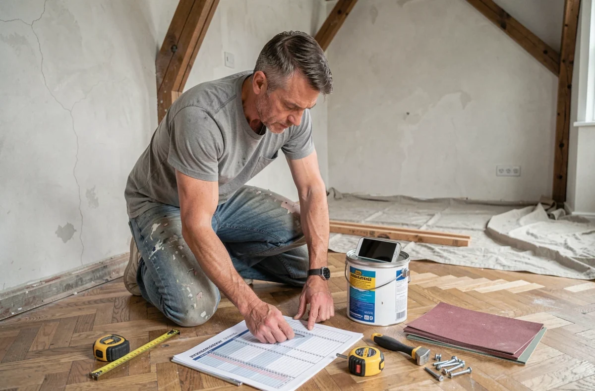 Bricoleur consultant un budget travaux sur smartphone entouré d'outils économiques dans une pièce en rénovation