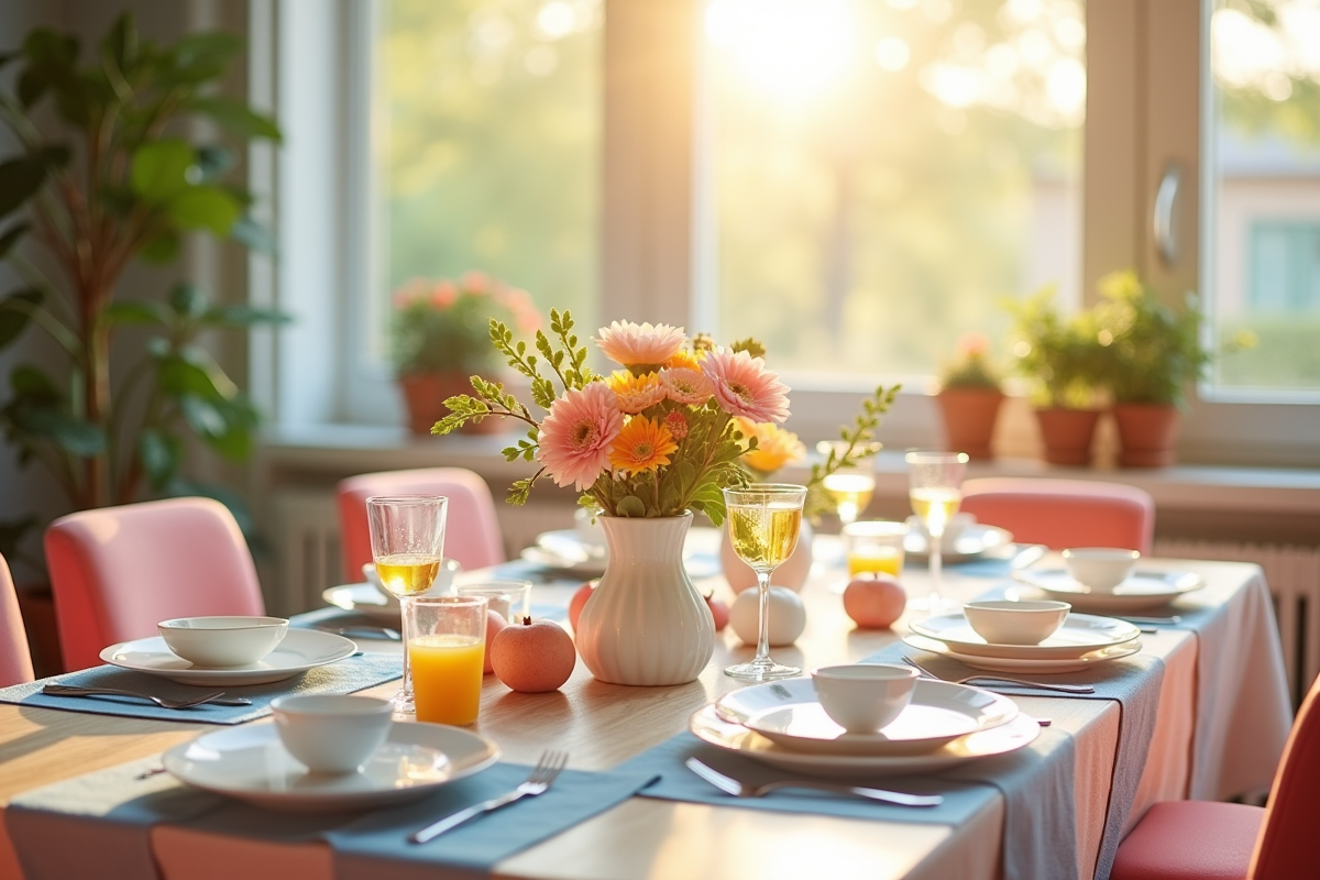 Table de brunch colorée avec vaisselle moderne et fleurs fraîches