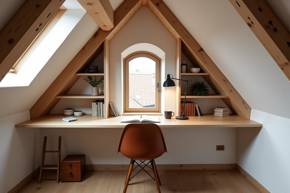 Bureau sous combles aménagé avec meuble sur mesure suivant la pente du toit et rangements intégrés entre les chevrons