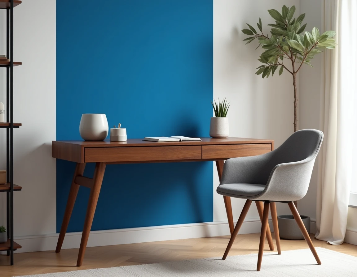 Bureau vintage en noyer des années 1950 intégré dans un bureau contemporain avec accent bleu cobalt et mobilier design épuré