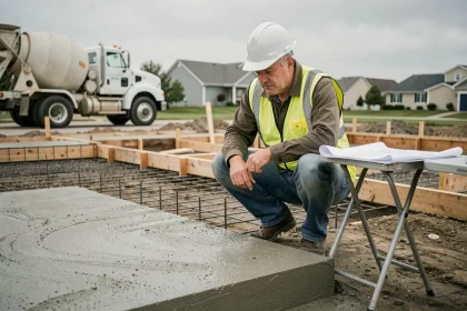 Ingénieur civil calculant les mètres cubes de béton sur un chantier de maison neuve avec plans et fondations visibles
