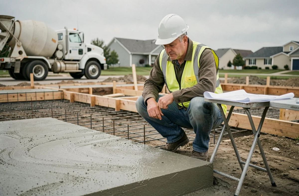 Ingénieur civil calculant les mètres cubes de béton sur un chantier de maison neuve avec plans et fondations visibles