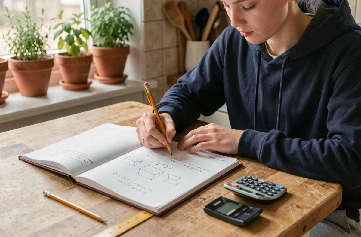Adolescent faisant ses devoirs de mathématiques sur le calcul de mètres cubes avec règle et calculatrice