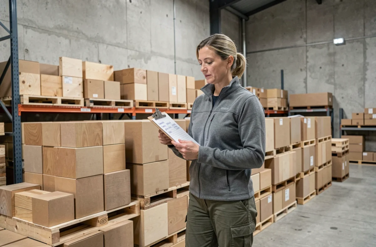 Femme dans un entrepôt consultant des calculs de volume en mètres cubes sur un presse-papiers