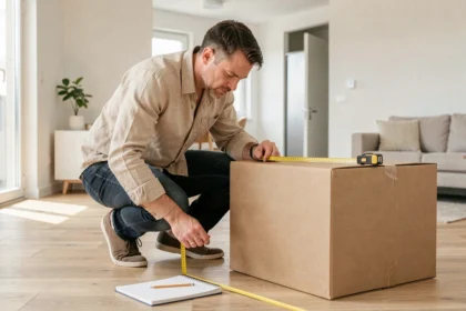 Homme mesurant un carton avec un mètre ruban pour calculer son volume en mètres cubes