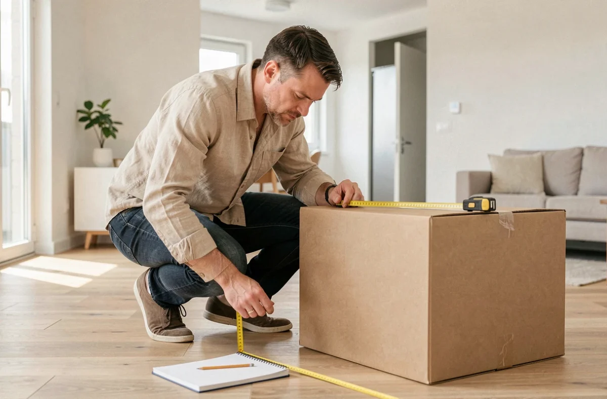 Homme mesurant un carton avec un mètre ruban pour calculer son volume en mètres cubes