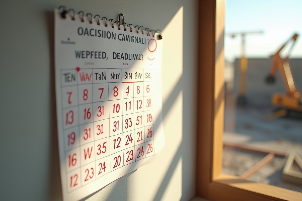 Calendrier avec délais manqués et chantier inachevé visible par la fenêtre