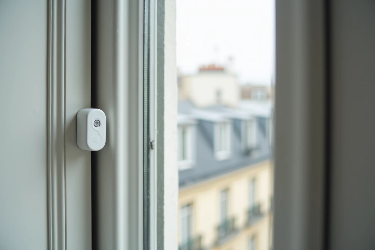 Capteur de porte et fenêtre d'alarme installé sur une fenêtre dans un appartement de style haussmannien à Paris