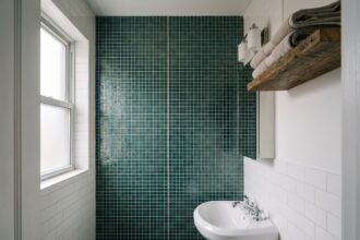Petite salle de bain avec mur en carrelage mosaïque vert et bleu sarcelle apportant du relief et de la profondeur visuelle