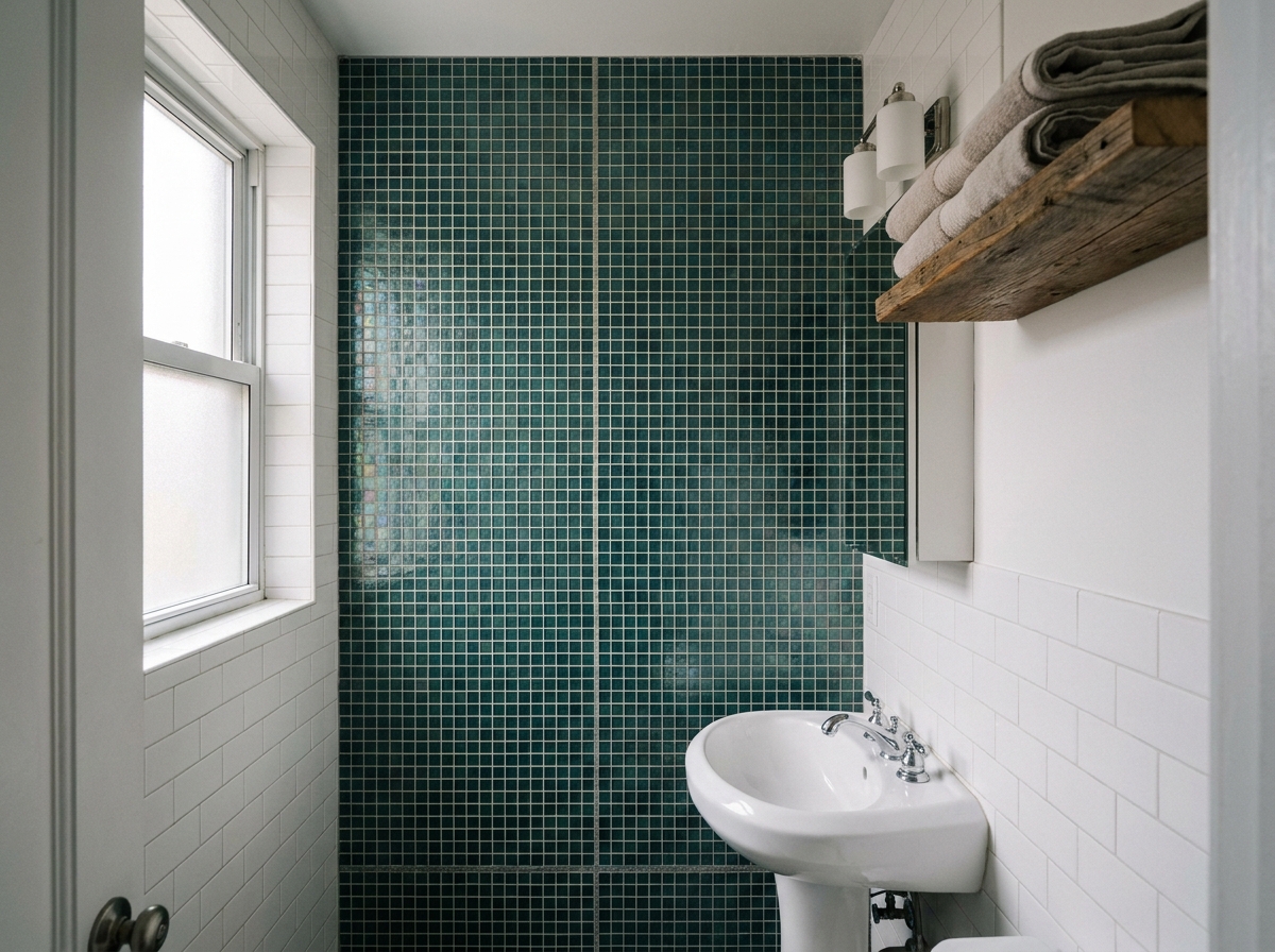 Petite salle de bain avec mur en carrelage mosaïque vert et bleu sarcelle apportant du relief et de la profondeur visuelle