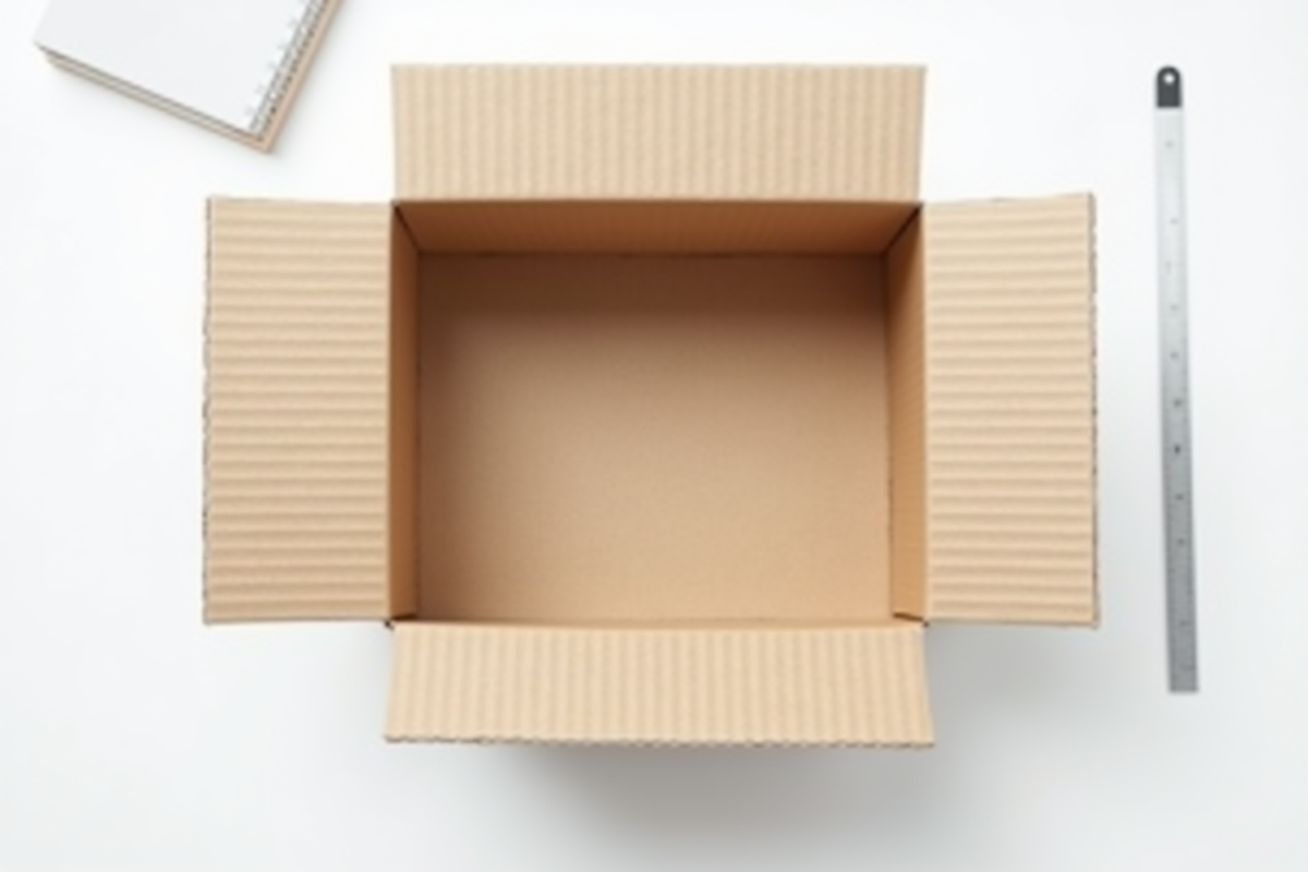Carton ouvert avec règle et bloc-notes sur fond blanc vu de dessus