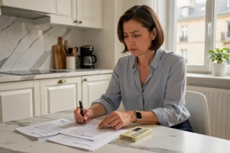 Femme consultant un carnet de chèques CESU et des documents administratifs à une table de cuisine moderne